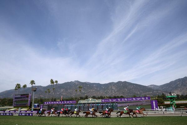 View of the Maker's Mark Breeders' Cup Filly and Mare Turf won by Jockey Lanfranco Dettori atop Inspiral of Great Britain at Santa Anita Park in Arcadia, Calif., on Nov. 4, 2023. (Harry How/Getty Images)