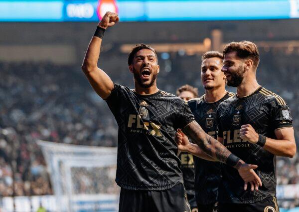 Los Angeles FC forward Denis Bouanga (99) celebrates after scoring against the Vancouver Whitecaps in a round one match of the 2023 MLS Cup Playoffs in Vancouver, Canada, on Nov. 5, 2023. (Courtesy of LAFC via The Epoch Times)