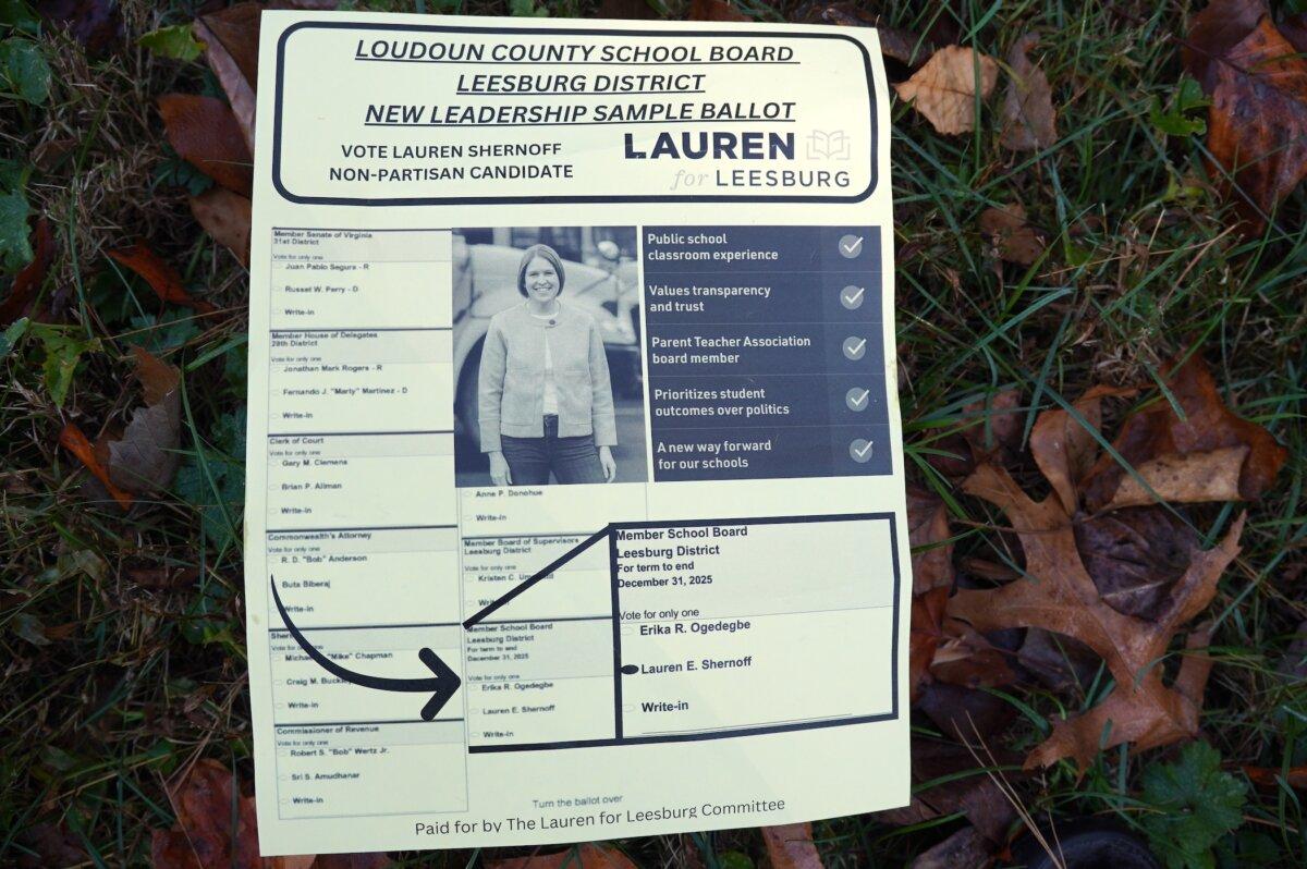 "New leadership sample ballot": independent candidate Lauren Shernoff's flyer for the Loudoun County School Board distributed outside the Loudoun County Office of Elections in Leesburg, Va., on Nov. 4, 2023. (Terri Wu/The Epoch Times)