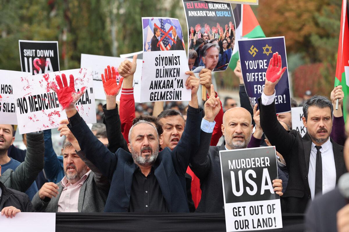 People hold a protest against the visit of U.S. Secretary of State Antony Blinken in Ankara, Turkey, on Nov. 6, 2023. (Adem Altan/AFP via Getty Images)
