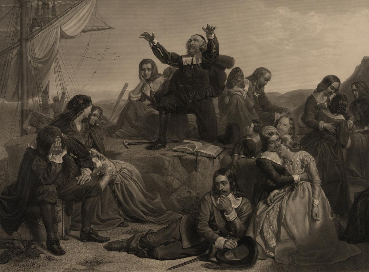 An engraving of "The Departure of the Pilgrim Fathers, for America," circa 1847, by John Burnet, after the painting by Charles Lucy. Library of Congress. (Public Domain)