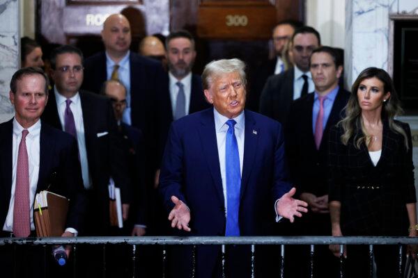  Former President Donald Trump speaks to members of the media after testifying at his civil fraud trial at New York State Supreme Court in New York on Nov. 6, 2023. (Michael M. Santiago/Getty Images)