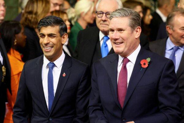 Prime Minister Rishi Sunak (L) with Labour leader Sir Keir Starmer (R) at the state opening of Parliament in Westminster, London on Nov. 7, 2023. (PA)
