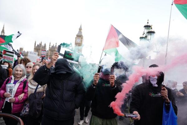 Protesters during a pro-Palestine march in central London on Oct. 28, 2023. (Jordan Pettitt/PA Wire)