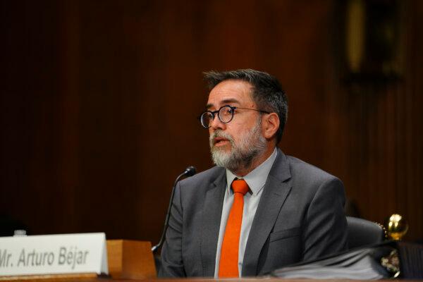 Meta whistleblower Arturo Bejar, former director of engineering for Protect and Care at Facebook in Berkeley, Calif., testifies before the Senate Judiciary subcommittee, alleging the company failed to act on reports of harassment and harm facing teens on the platform in Washington on Nov. 7, 2023. (Madalina Vasiliu/The Epoch Times)