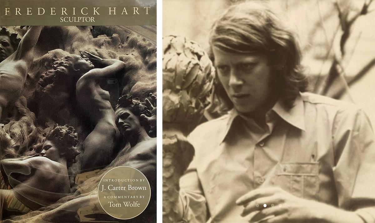 (L) The cover for the 1995 book "Frederick Hart, Sculptor" with commentary by Tom Wolfe. (R) Hart sculpting, circa 1960s. Frederick Hart Foundation. (Contessa Gallery)