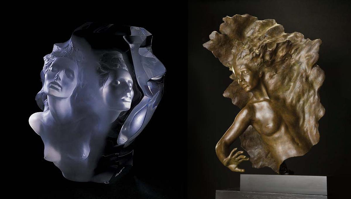 (L) "Spirit Song" by Frederick Hart. Clear acrylic resin; 10 inches by 9 inches by 6.25 inches. (R) "Ex Nihilo, Fragment No. 1" by Frederick Hart. Bronze; 47.5 inches by 30 inches by13 inches. Frederick Hart Foundation. (<a href="https://www.contessagallery.com/">Contessa Gallery</a>)