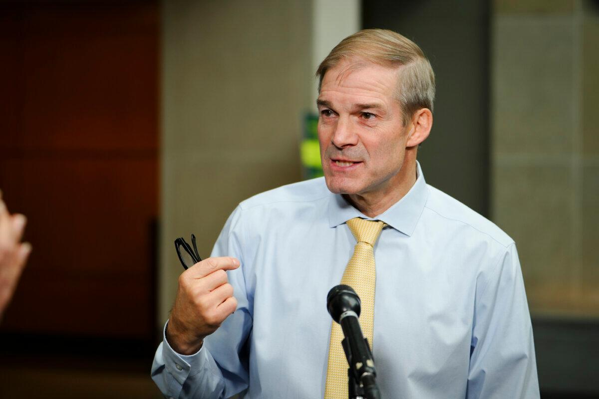 Rep. Jim Jordan (R-Ohio) speaks to the press after coming out of the Hunter Biden special counsel David Weiss’s closed-door testimony to the House Judiciary Committee in Washington on Nov. 7, 2023. (Madalina Vasiliu/The Epoch Times)