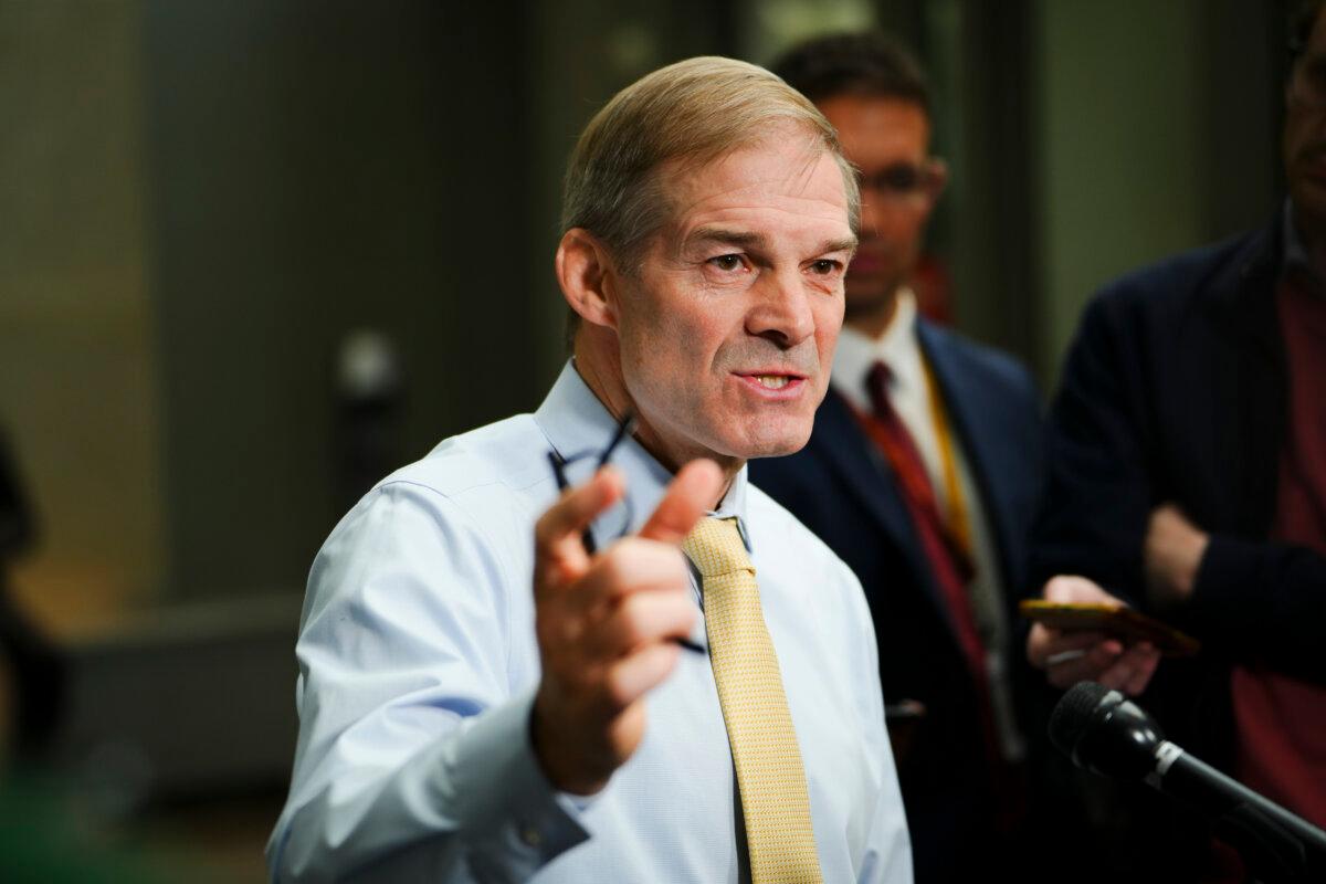 Rep. Jim Jordan (R-Ohio) speaks to the press after coming out of the Hunter Biden special counsel David Weiss’s closed-door testimony to the House Judiciary Committee in Washington on Nov. 7, 2023. (Madalina Vasiliu/The Epoch Times)