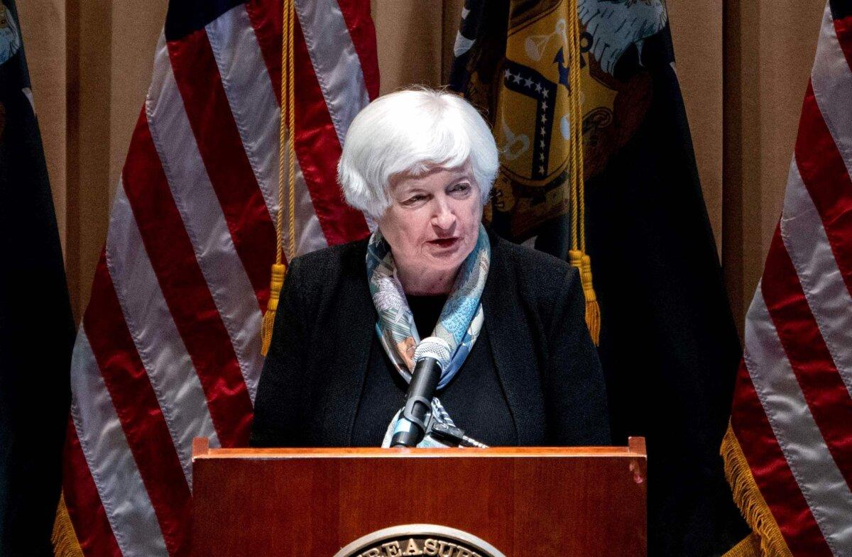Treasury Secretary Janet Yellen speaks about goals for the 2024 tax filing season at the IRS headquarters in Washington on Nov. 7, 2023. (Stefani Reynolds/AFP via Getty Images)