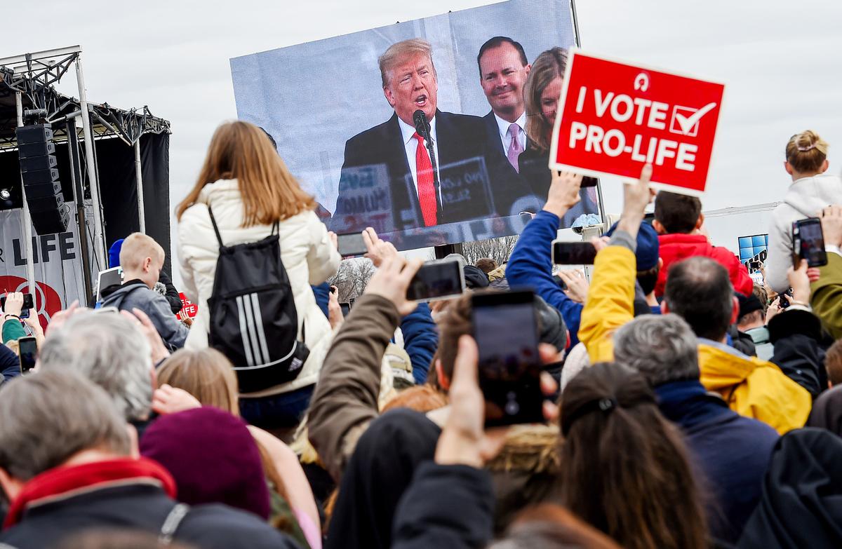 Pro-life demonstrators listen to President Donald Trump at the 47th annual "March for Life" in Washington on Jan. 24, 2020. (OLIVIER DOULIERY/AFP via Getty Images)