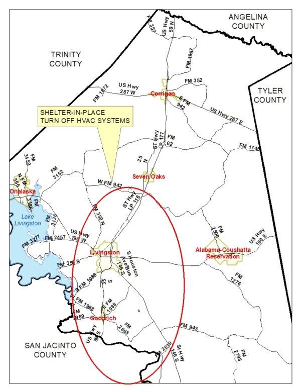 Polk County's map of shelter-in-place order for Texas chemical explosion, November 2023. (Courtesy of Polk County Sheriff's Department)