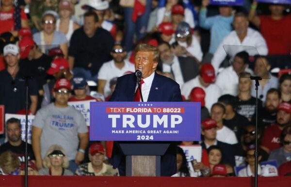 Former President Donald Trump delivers remarks at a campaign rally at The Ted Hendricks Stadium at Henry Milander Park in Hialeah, Fla., on Nov. 8, 2023. (Alon Skuy/Getty Images)