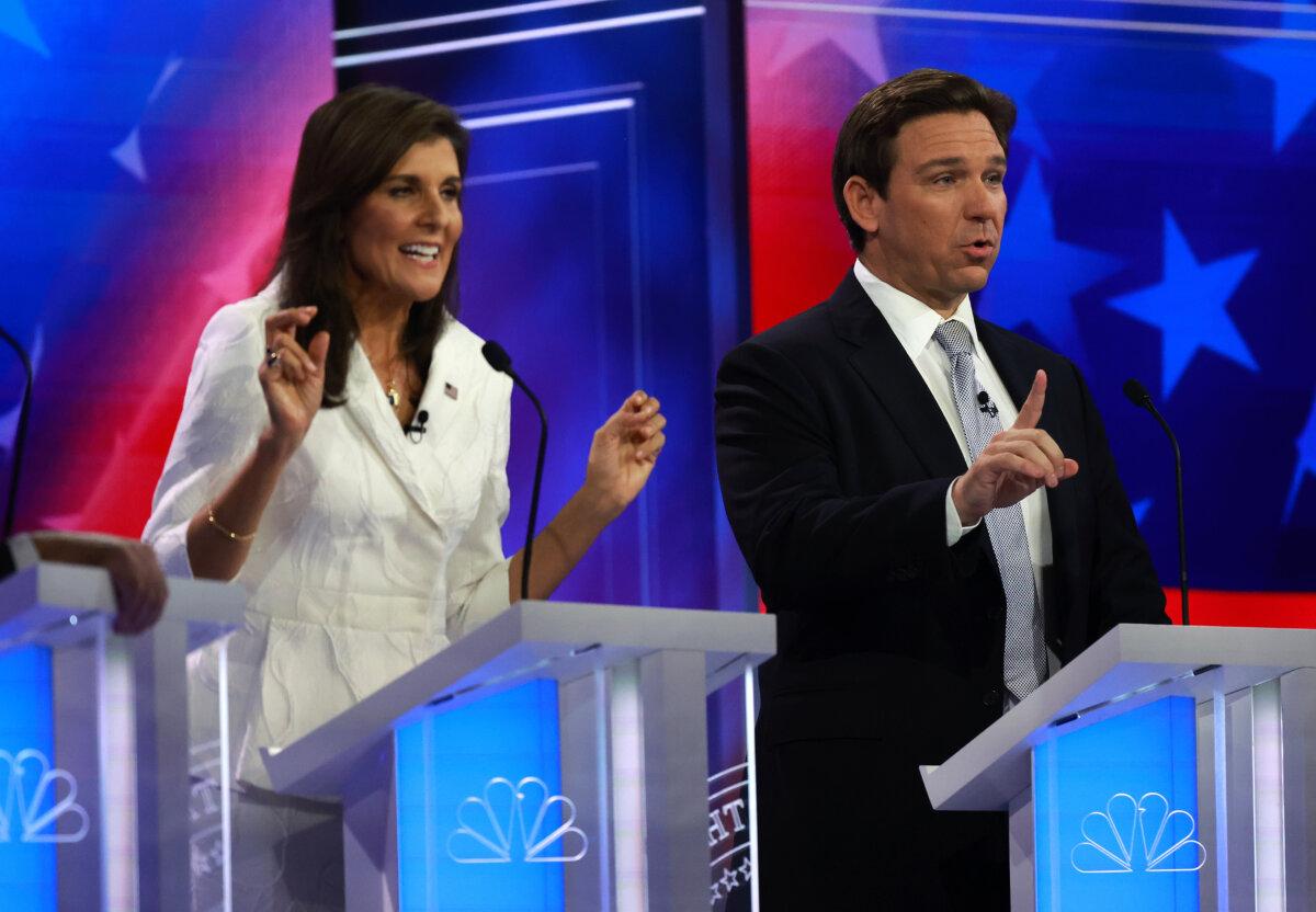 Republican presidential candidates former U.N. Ambassador Nikki Haley (L) and Florida Gov. Ron DeSantis participate in the NBC News Republican Presidential Primary Debate at the Adrienne Arsht Center for the Performing Arts of Miami-Dade County in Miami, Fla., on Nov. 8, 2023. (Joe Raedle/Getty Images)
