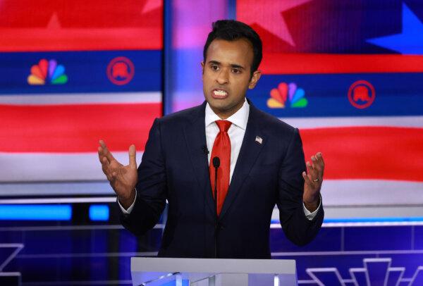 Republican presidential candidate Vivek Ramaswamy speaks during the NBC News Republican Presidential Primary Debate at the Adrienne Arsht Center for the Performing Arts of Miami-Dade County in Miami, Florida, on Nov. 8, 2023. (Joe Raedle/Getty Images)