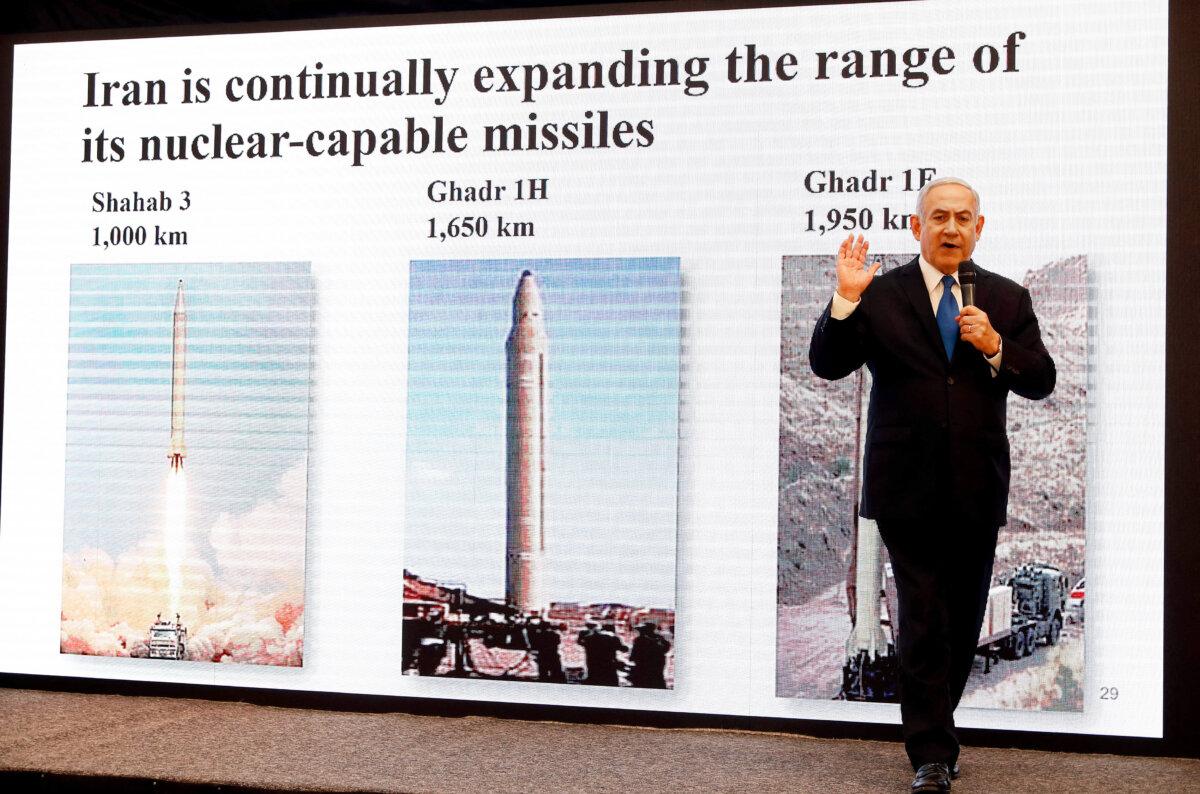Israeli Prime Minister Benjamin Netanyahu delivers a speech on Iran's nuclear program at the defence ministry in Tel Aviv on April 30, 2018. Netanyahu said that he had proof of a "secret" Iranian nuclear weapons program, as the White House considers whether to pull out of a landmark atomic accord that Israel opposes. (Jack Guez/AFP via Getty Images)
