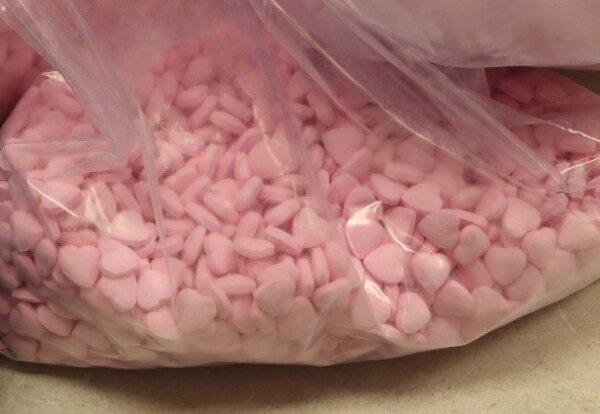 Pink, heart shaped fentanyl-laced pills, pressed to look like candy seized in Lynn, Massachusetts by the FBI’s North Shore Gang Task Force, Nov. 2023. (Courtesy Department of Justice)