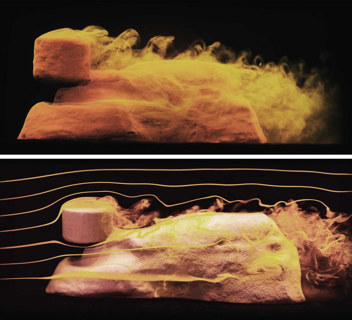 A lab Sphinx is carved through an experiment that replicates wind moving against once-shapeless mounds of clay with harder material embedded. (Courtesy of NYU's Applied Mathematics Laboratory)