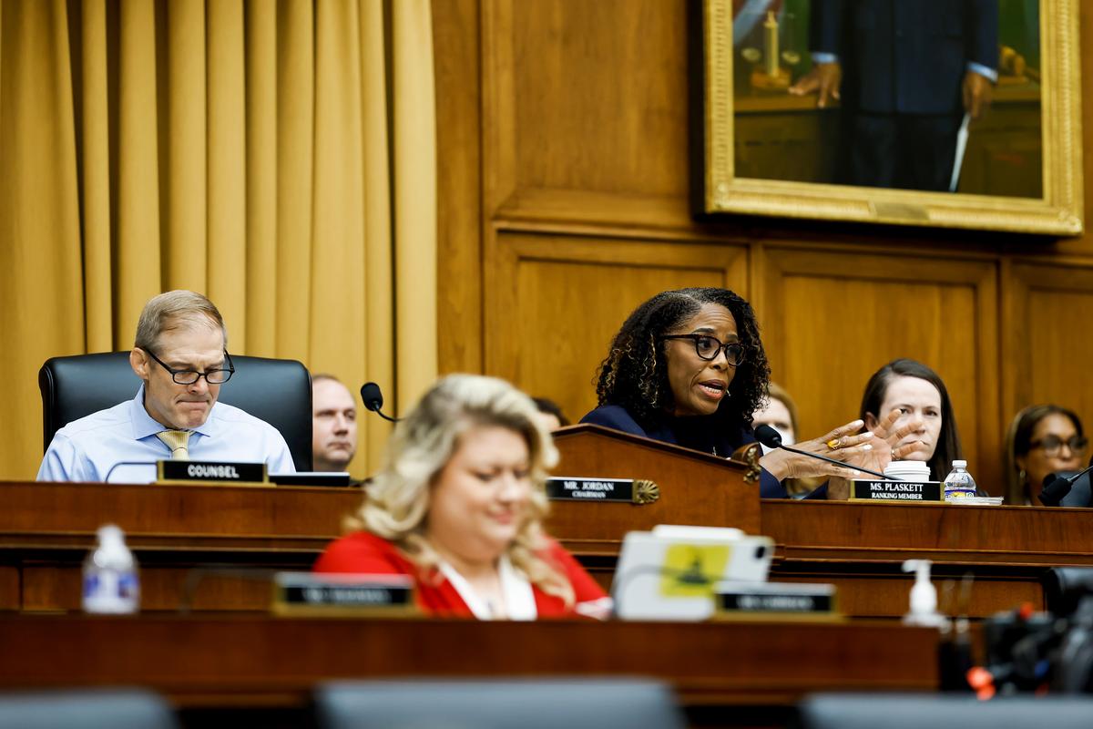  Ranking member Del. Stacey Plaskett (D-VI) speaks alongside House Judiciary Chairman Jim Jordan (R-Ohio) during a hearing on the Weaponization of the Federal Government on Capitol Hill in Washington on July 20, 2023. (Anna Moneymaker/Getty Images)