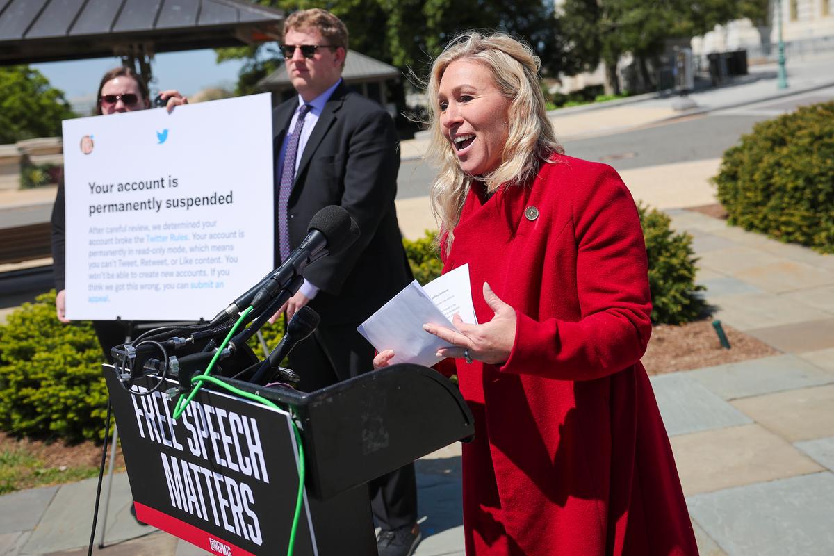  Rep. Marjorie Taylor Greene (R-Ga.) at a press conference outside the U.S. Capitol in Washington on April 28, 2022. (Win McNamee/Getty Images)