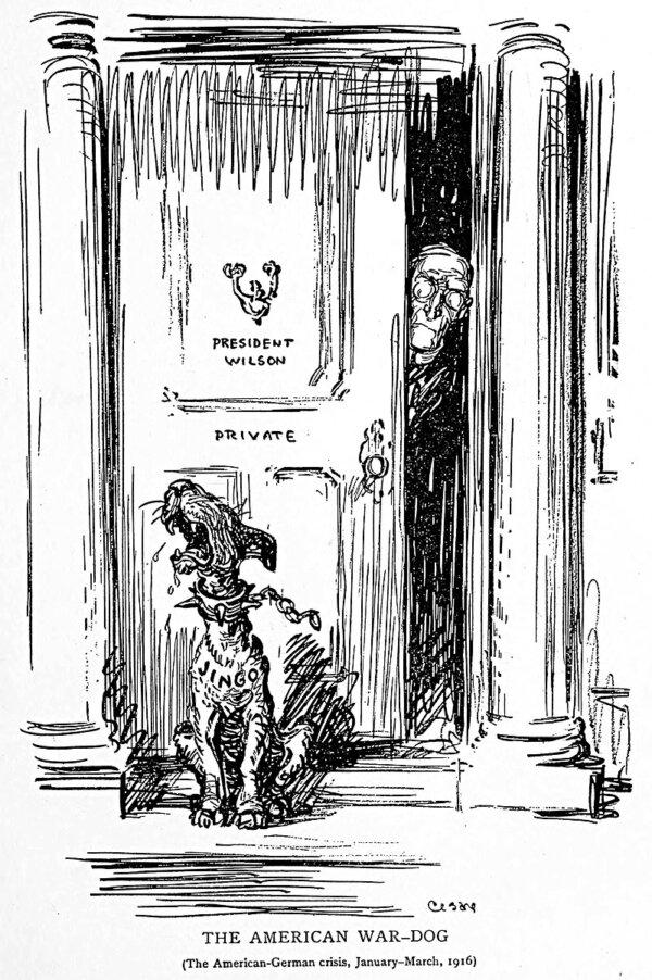 The American War-Dog in March 1916 depicts President Woodrow Wilson looking out his door at a howling dog representing those in the United States eager to join the Great War against Germany. Oscar Cesare. (Public Domain)