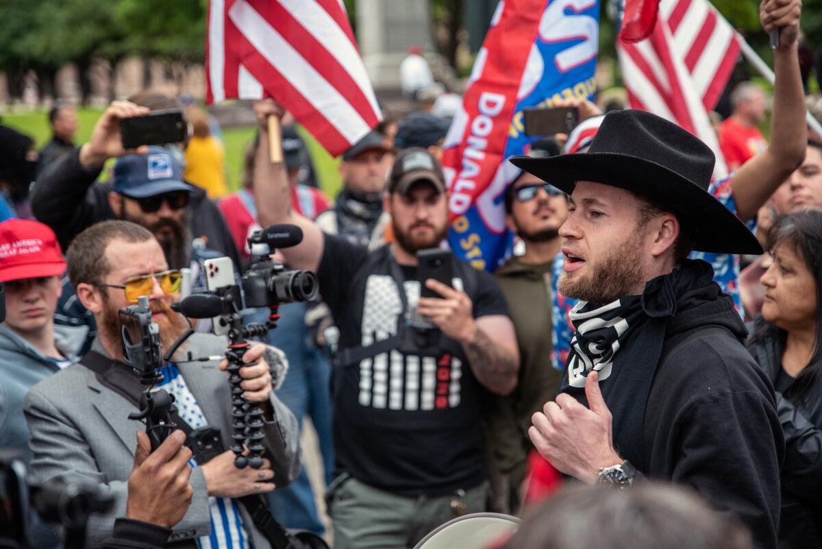 Infowars host Owen Shroyer arrives at the Texas State Capitol building on April 18, 2020, in Austin, Texas. (Sergio Flores/Getty Images)