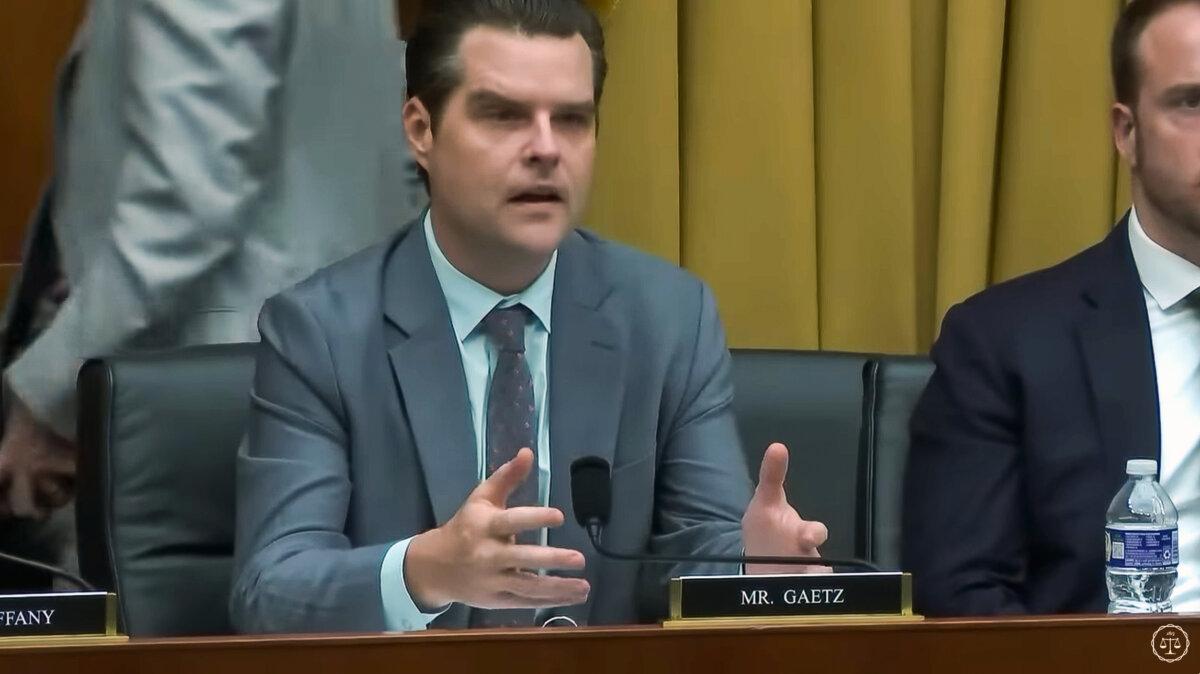 U.S. Rep. Matt Gaetz (R-Fla.) questions Bureau of Prisons Director Colette Peters at the House Judiciary Subcommittee on Crime and Federal Government Surveillance hearing on Nov. 7, 2023. (House of Representatives/Screenshot via The Epoch Times)