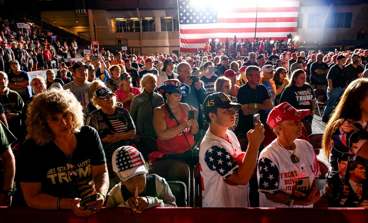 Supporters listen as former President Donald Trump speaks at a political rally in Erie, Penn., on July 29, 2023. (Jeff Swensen/Getty Images)