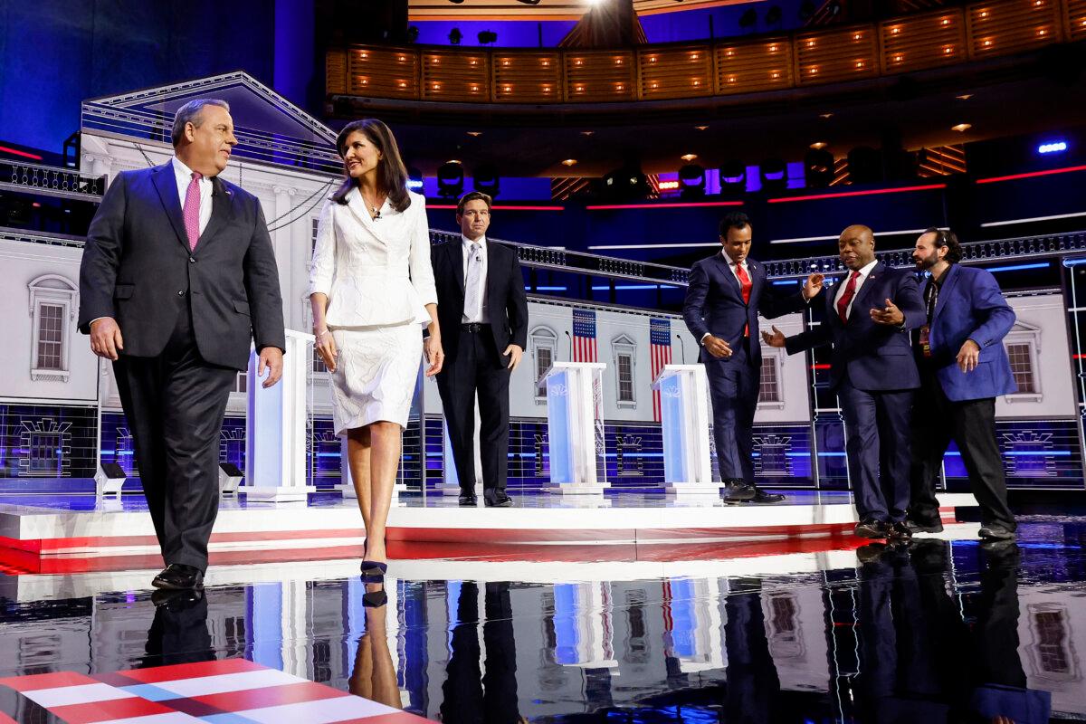 Republican presidential candidates (L-R), former New Jersey Gov. Chris Christie, former U.N. Ambassador Nikki Haley, Florida Gov. Ron DeSantis, Vivek Ramaswamy and U.S. Sen. Tim Scott (R-SC) walk onstage during the NBC News Republican Presidential Primary Debate at the Adrienne Arsht Center for the Performing Arts of Miami-Dade County in Miami, Fla. on Nov. 8, 2023. (Anna Moneymaker/Getty Images)