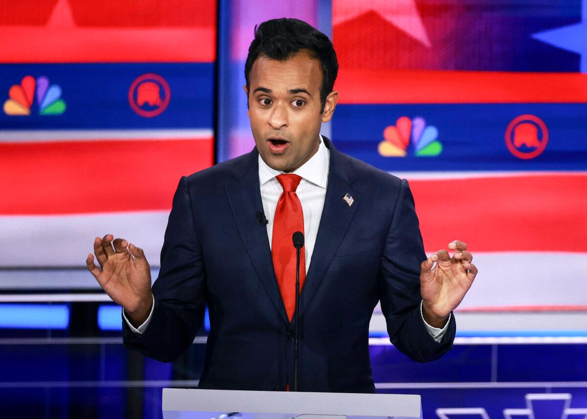 Republican presidential candidate Vivek Ramaswamy speaks during the NBC News Republican Presidential Primary Debate at the Adrienne Arsht Center for the Performing Arts of Miami-Dade County, in Miami, Fla., on Nov. 8, 2023. (Joe Raedle/Getty Images)