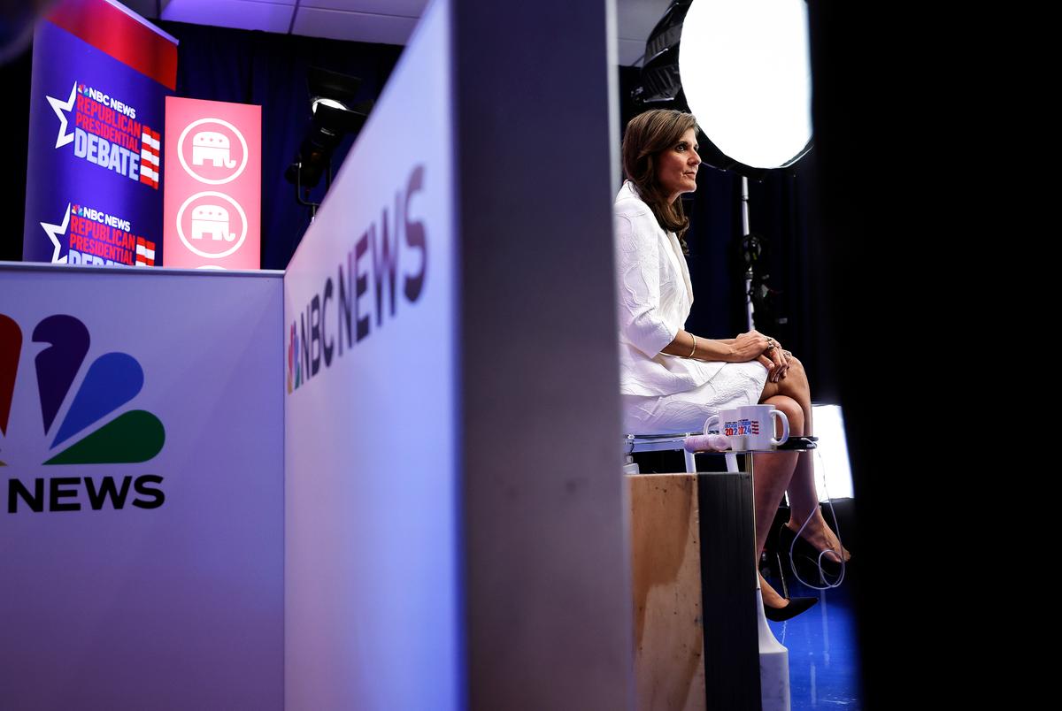 Republican presidential candidate Nikki Haley speaks to members of the media in the spin room following the during the third Republican presidential primary debate in Miami on Nov. 8, 2023. (Anna Moneymaker/Getty Images)