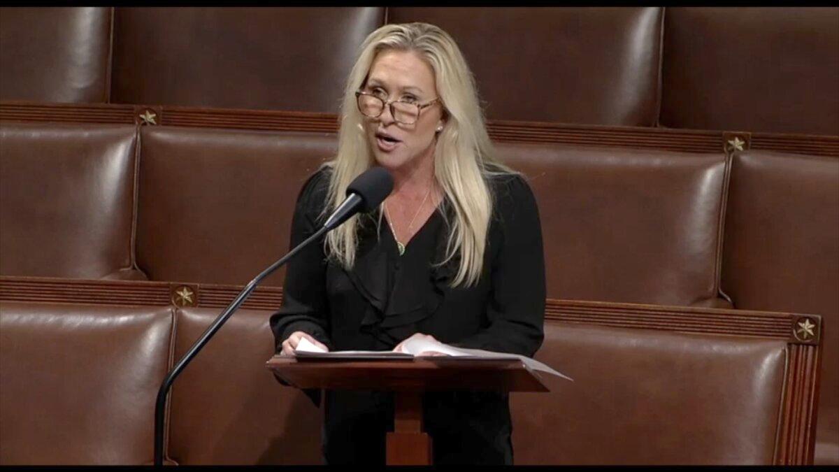 Rep. Marjorie Taylor Greene (R-Ga.) speaks on the House floor on Nov. 9, 2023. (U.S. House of Representatives/Screenshot via NTD)
