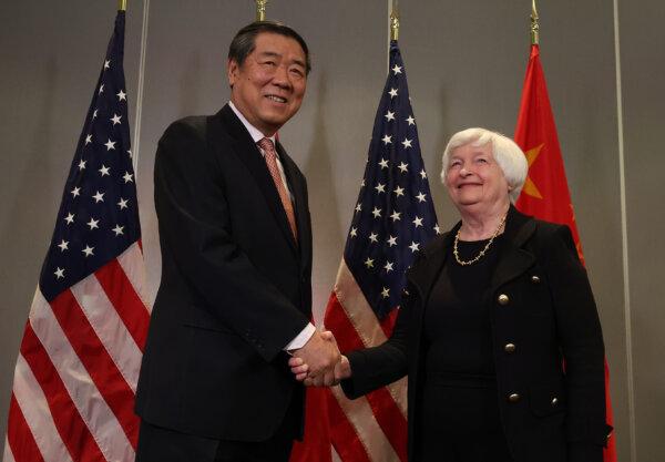 U.S. Secretary of the Treasury Janet Yellen (R) greets China's Vice Premier He Lifeng at the start of a bilateral meeting at the Ritz Carlton Hotel in San Francisco, Calif., on Nov. 9, 2023. (Justin Sullivan/Getty Images)