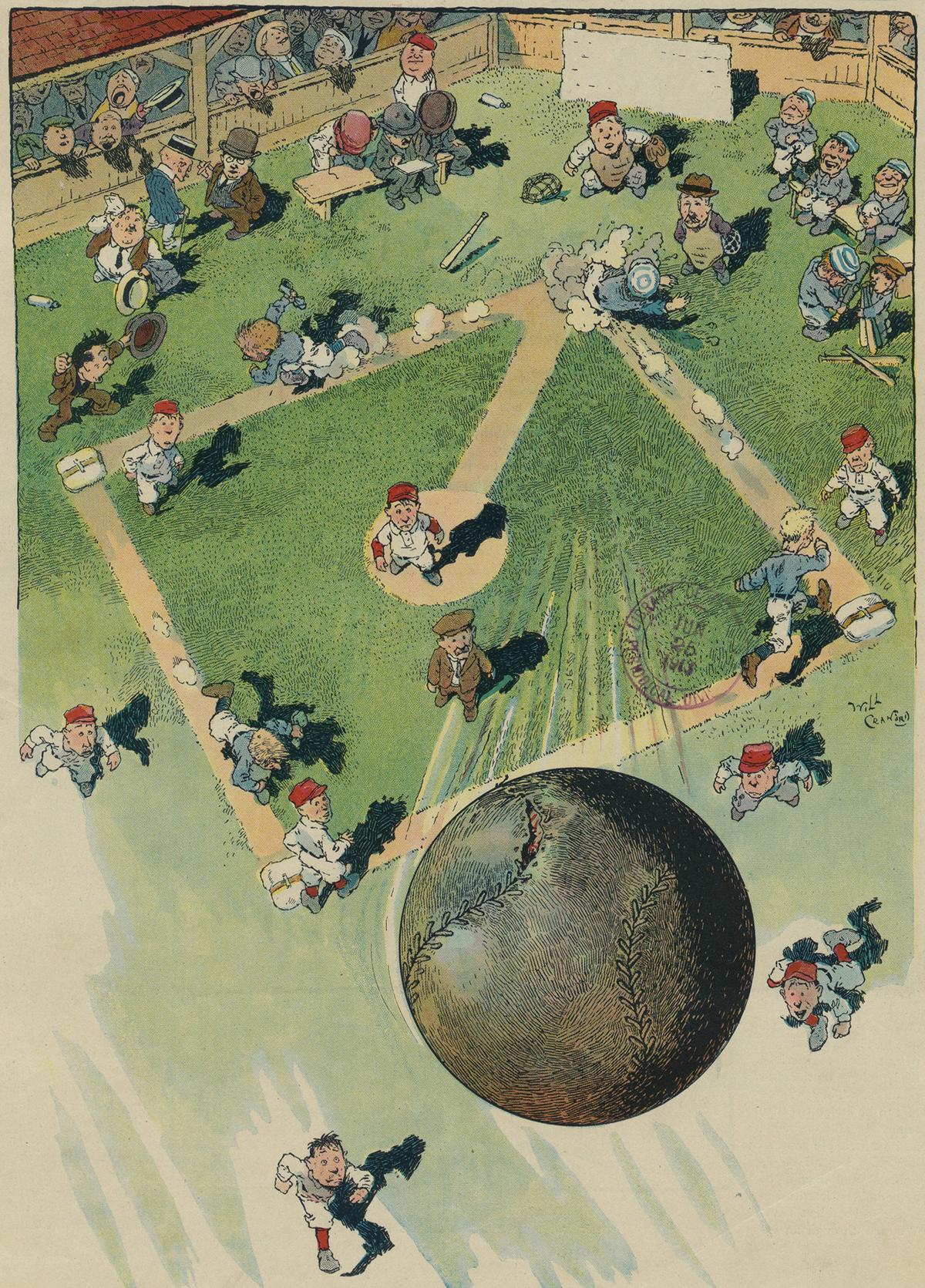  "Keep your eye on the ball" in business means staying focused on what is important. Cover illustration of "Ball's-Eye View of a Home Run" from the June 25, 1913, issue of Puck magazine by Will Crawford. Library of Congress. (Public Domain)