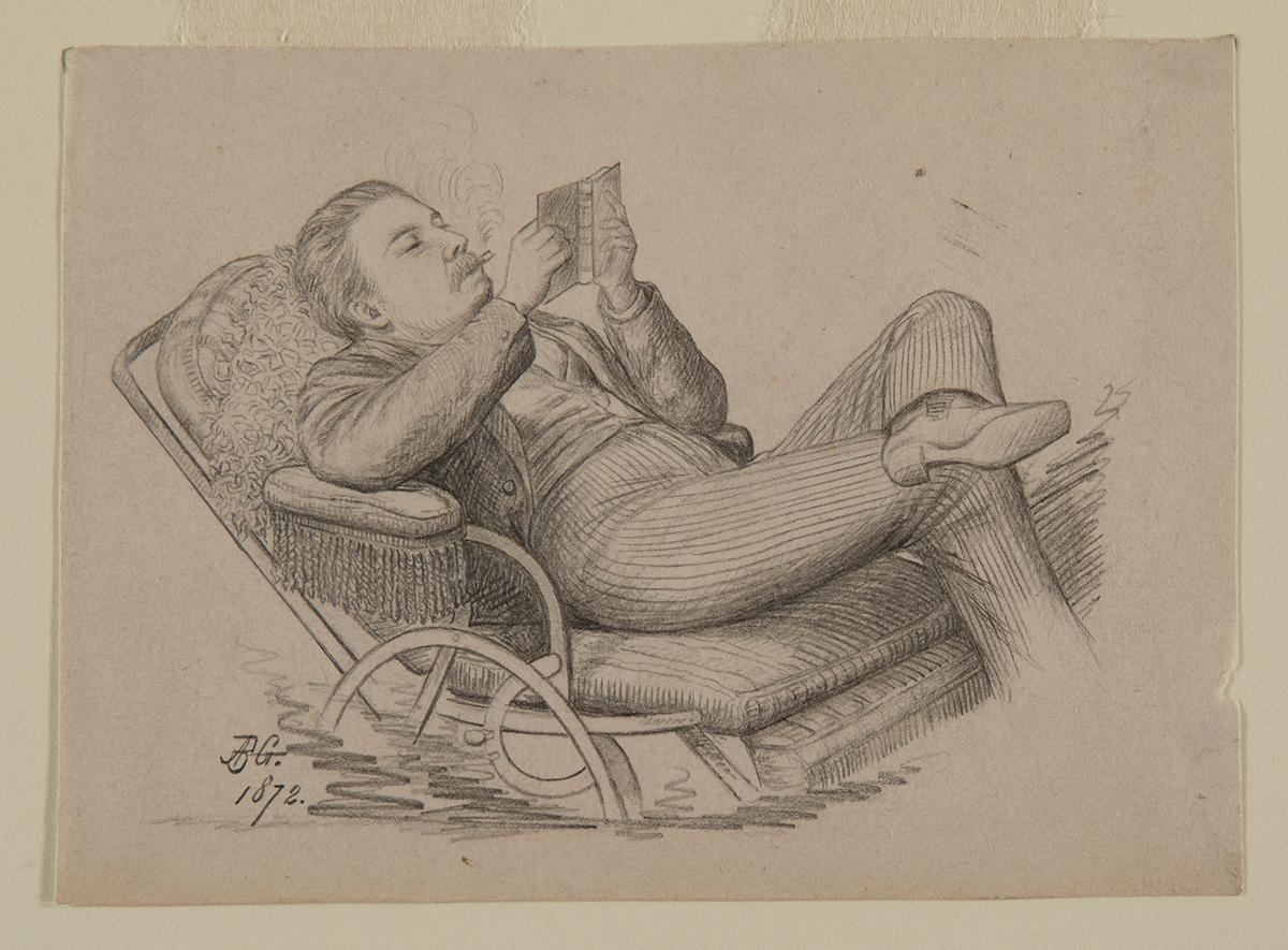  A pencil drawing of a lounging man reading a book, 1872, by A.B. Greene. Missouri History Museum. (Public Domain)