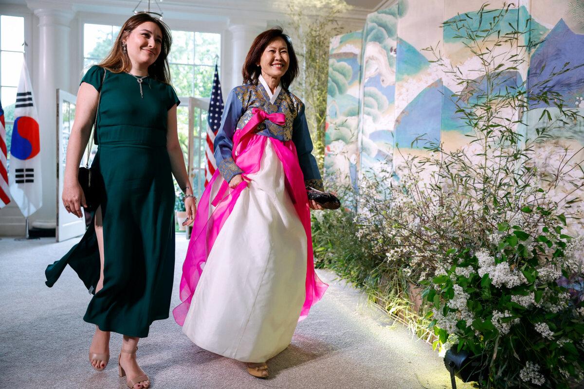 Rep. Michelle Steel (R-Calif.) and Siobhan Steel (Left) arrive for the White House state dinner for South Korean President Yoon Suk-yeol at the White House on April 26, 2023. (Anna Moneymaker/Getty Images)