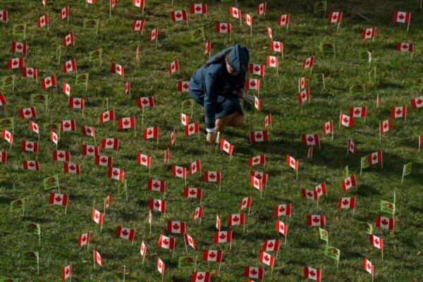 Flags are planted outside the Veterans Centre at Sunnybrook Hospital ahead of Remembrance Day, in Toronto on Nov. 10, 2023. (The Canadian Press/Chris Young)