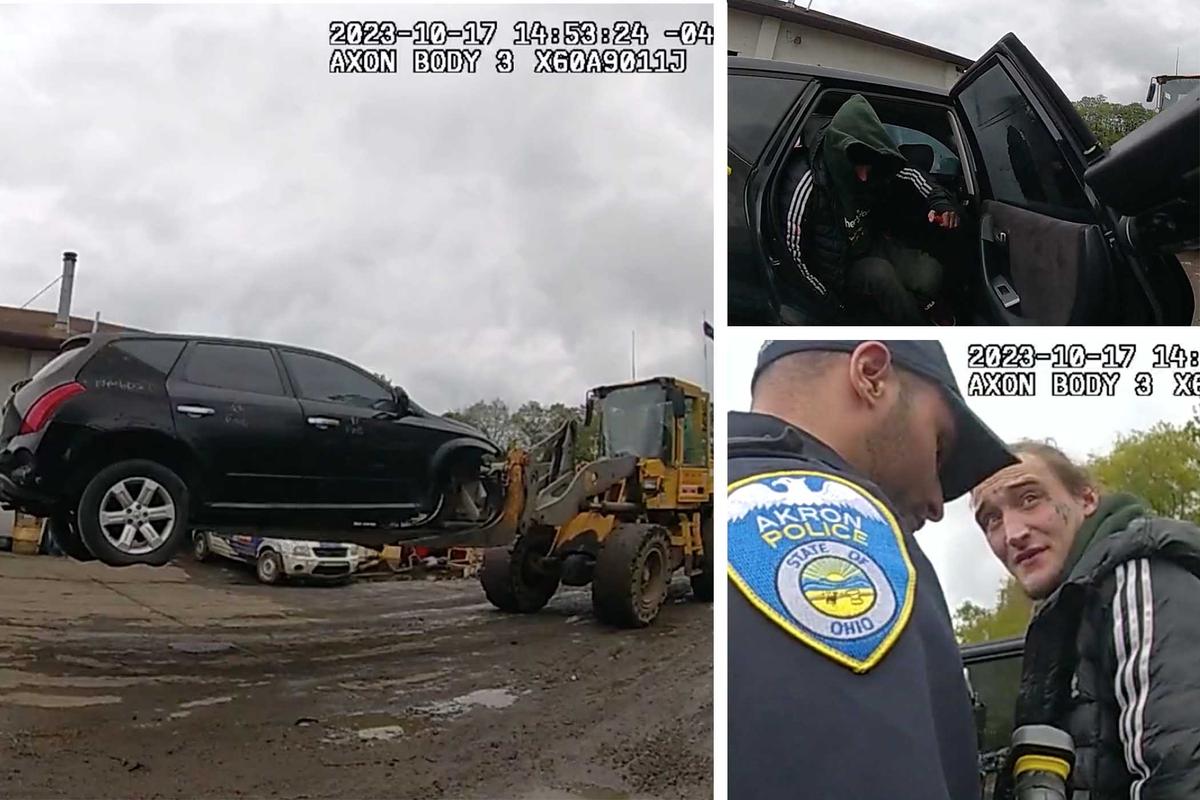 (Left) The forklift lowers the car with the suspect still inside after Akron Police arrive; (Right) Arlington Police take 26-year-old Alexander Funk into custody after he got out of the car at Arlington Auto and Truck Wrecking. (Courtesy of Akron Police Department)