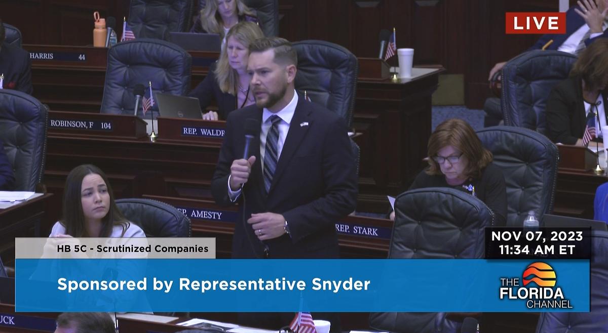 Florida state Rep. John Snyder, a Republican from Palm City, speaks on Nov. 7, 2023, about a bill he sponsored to sanction any companies contracted with the Iranian government. (Screenshot via The Florida Channel)
