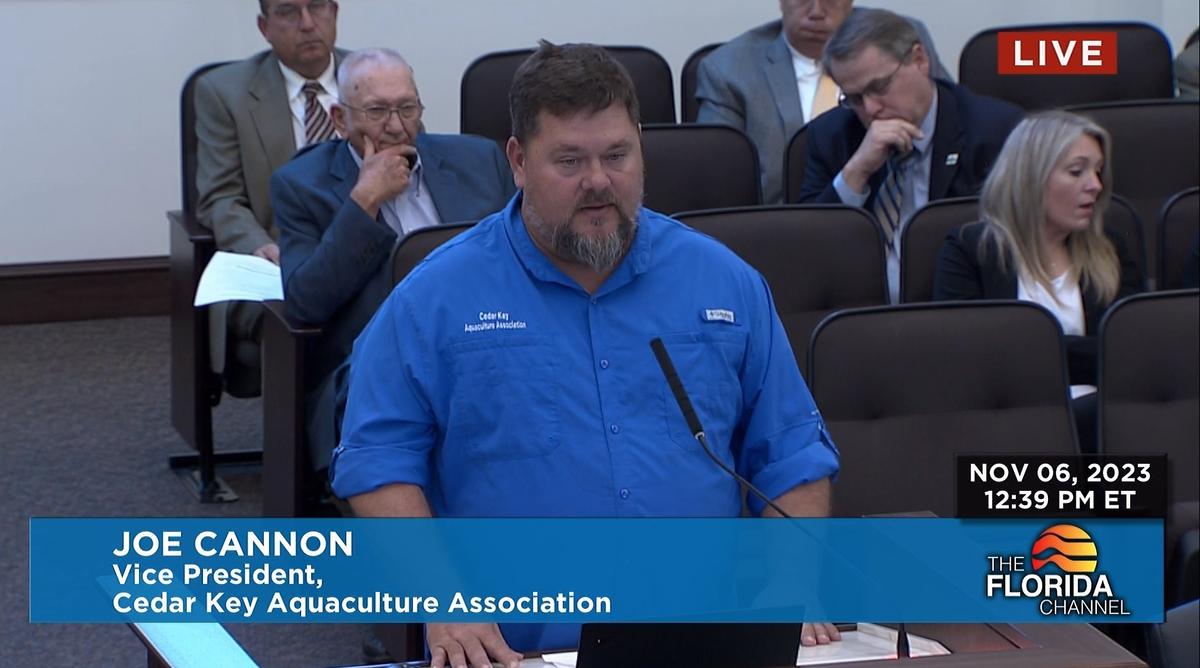 Joe Cannon, vice president of the Cedar Key Aquaculture Association, speaks before the Florida Senate on Nov. 6, 2023, during its 3-day special legislative session. (Screenshot via The Florida Channel)