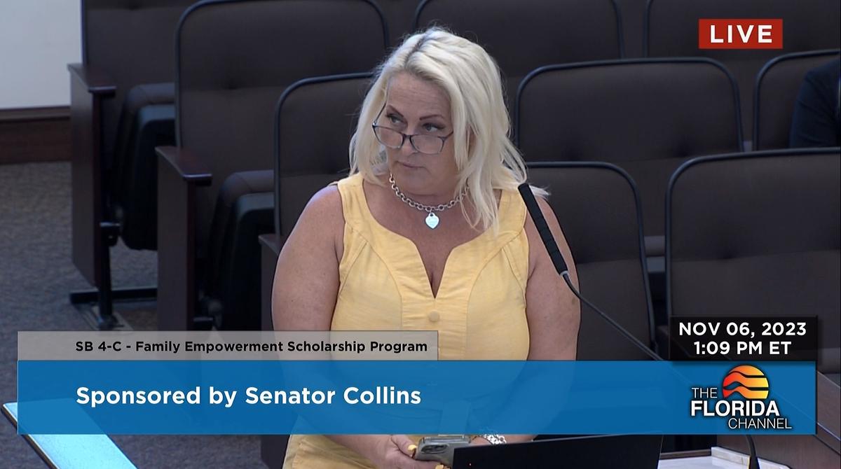 Mary Josephine Walsh, founder of the Coalition for Private Schools, speaks before the Florida Senate regarding the school voucher program on Nov. 6, 2023. (Screenshot via The Florida Channel)