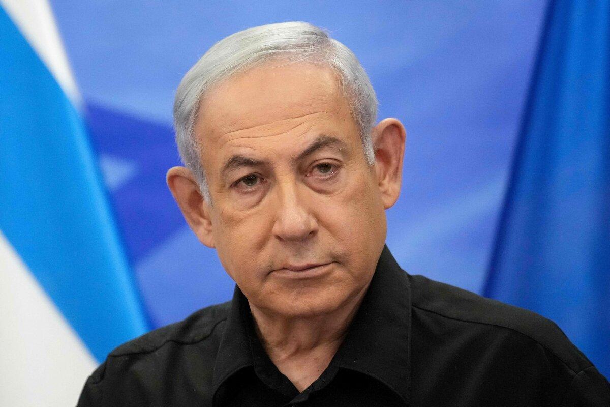 Israeli Prime Minister Benjamin Netanyahu addresses media during a joint press conference with the French President in Jerusalem, Israel, on Oct. 24, 2023. (Christophe Ena/Pool/AFP via Getty Images)