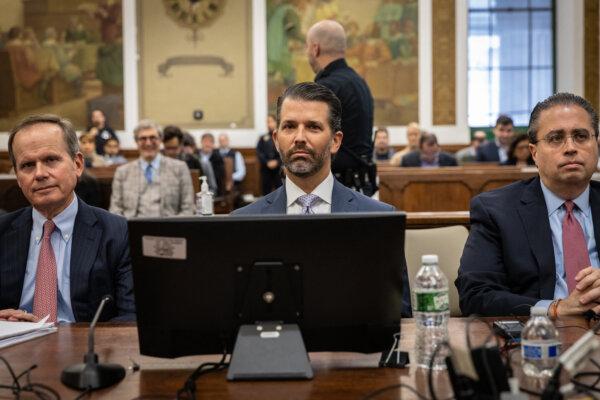 Donald Trump Jr. sits in the courtroom before testifying during the Trump Organization civil fraud trial at the New York State Supreme Court in New York City on Nov. 13, 2023. (Stefan Jeremiah/AFP via Getty Images)