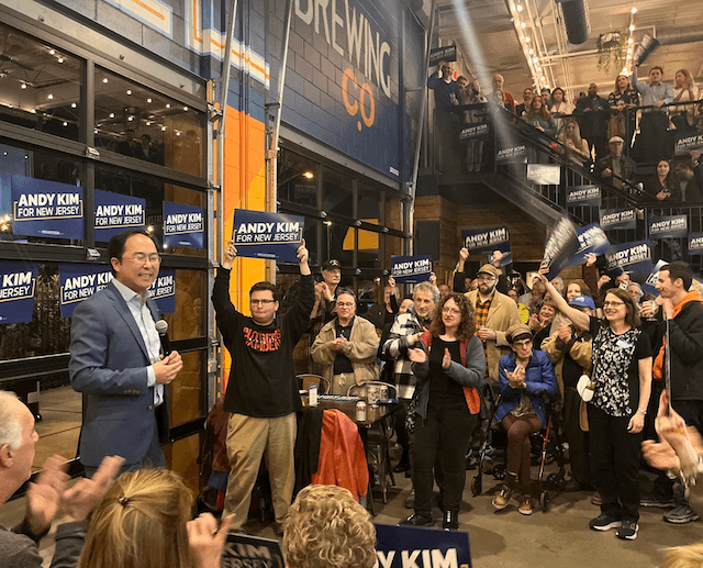 Rep. Andy Kim (D-N.J.) addresses supporters during his first Senate campaign event on Nov. 10 at Big Nickel Brewing, in Pennsauken, N.J. (Andy Kim For New Jersey)