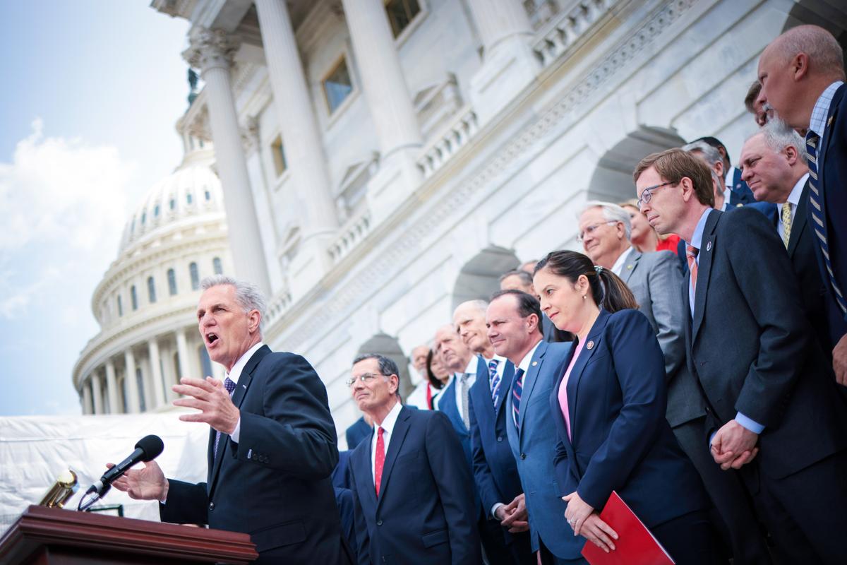 Speaker of the House Kevin McCarthy (R-Calif.) at a press conference outside the U.S. Capitol in Washington on May 17, 2023. (Win McNamee/Getty Images)