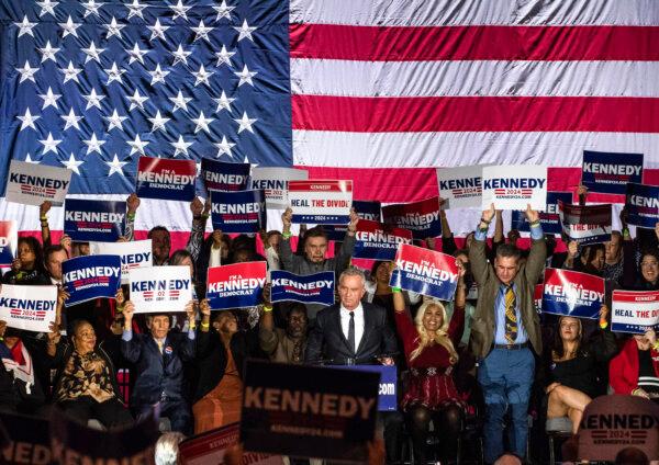 Robert F Kennedy Jr. (C) speaks during a campaign event to launch his 2024 presidential bid, at the Boston Park Plaza in Boston on April 19, 2023. (JOSEPH PREZIOSO/AFP via Getty Images)