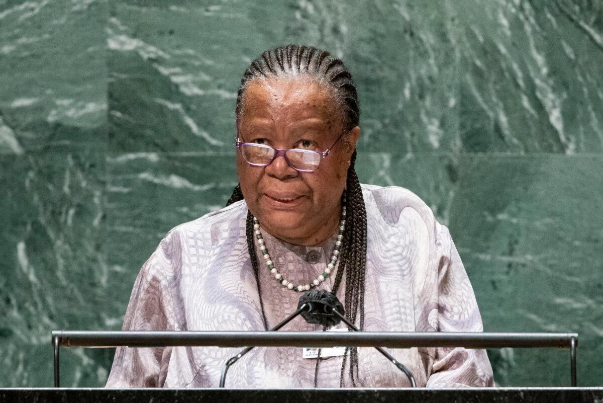 South Africa's Minister of International Relations and Cooperation Naledi Pandor addresses the 76th session of the U.N. General Assembly in New York on Sept. 22, 2021. (Eduardo Munoz/Getty Images)