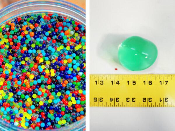 (Left) Undated photo showing unexpanded water beads before coming into contact with water. (Right) Undated photo showing an expanded water bead after coming into contact with water. (CPSB)