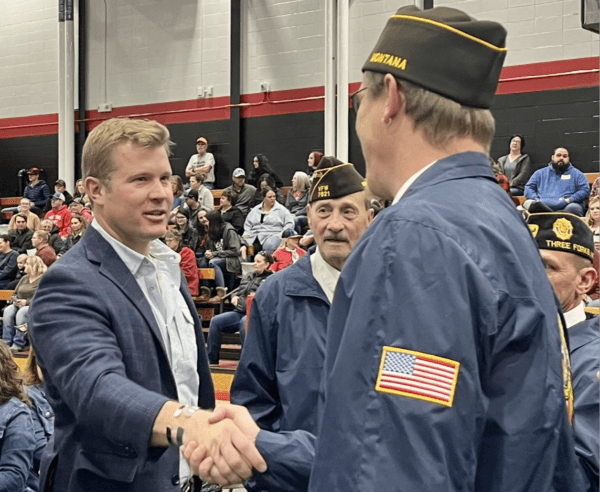 Montana Republican United States Senate candidate Tim Sheehy greets fellow veterans during a Nov. 9, 2023 campaign rally in Three Forks, Mont. (Tim Sheehy For US Senate)