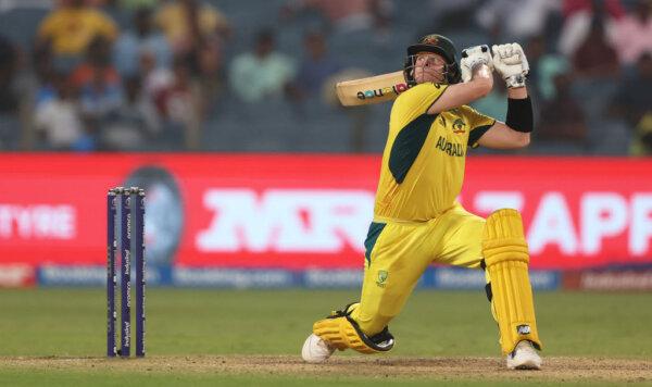 Steve Smith of Australia plays a shot during the ICC Men's Cricket World Cup India 2023 between Australia and Bangladesh at MCA International Stadium in Pune, India, on Nov. 11, 2023. (Robert Cianflone/Getty Images)